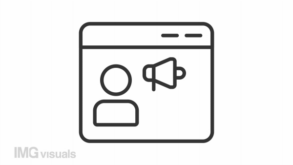 User persona line animation. Browser window with avatar and loudspeaker animated icon. Target audience. Black illustration on white background. HD video with alpha channel. Motion graphic