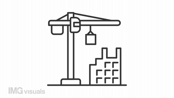 Building construction line animation. Tower crane working. Home loan. Real estate development. Seamless loop HD video with alpha channel on transparent background. Animated outline icon