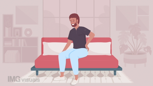 Animated back pain illustration. Young man with osteoarthritis. Sharp spine ache. Looped flat color 2D cartoon characters animation with bedroom on background. HD video with alpha channel