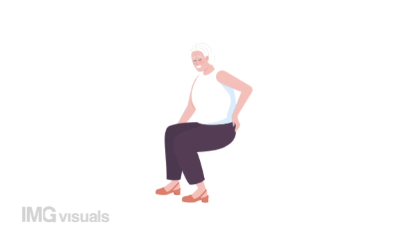 Animated character with back pain. Woman with age related arthritis. Full body flat person on black background with alpha channel transparency. Colorful cartoon style HD video footage for animation