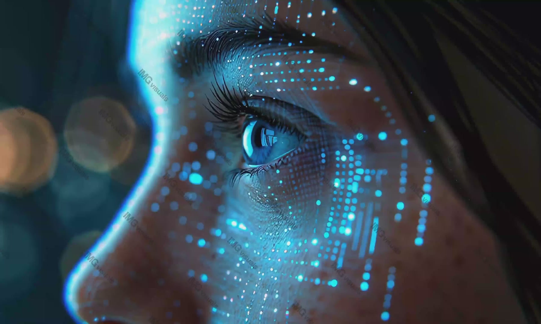 Female eye with digital blue dots overlaying skin video animation, ai generated. High-tech artificial intelligence. Woman face animated footage HD clip motion graphics. Data visualization concept