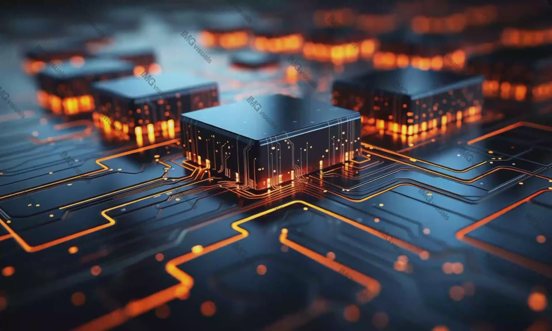 Glowing microchip circuitry video animation, ai generated. Pulsating orange data streams electronic component animated footage HD clip seamless motion graphics. Technological hardware concept