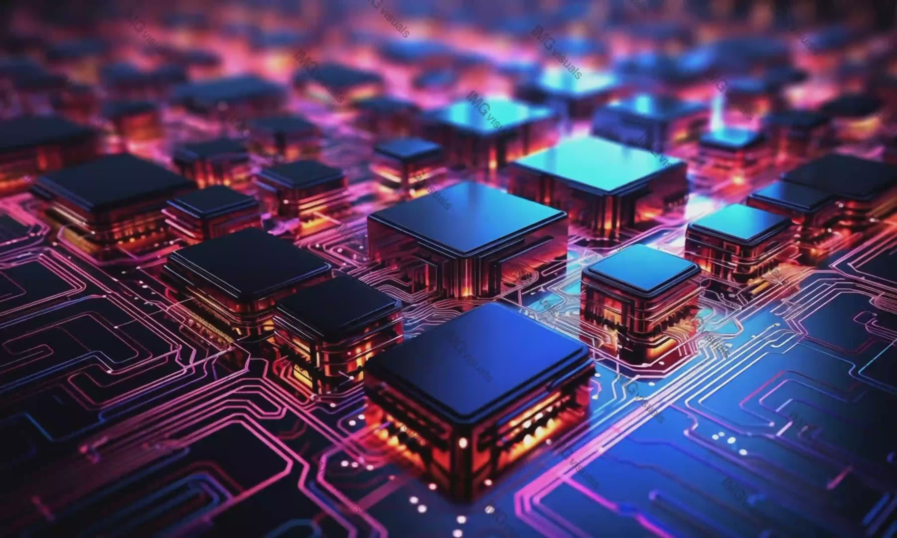 Microprocessor illuminated data paths video animation, ai generated. Advanced computational technology animated footage HD clip seamless motion graphics. Tech electronic circuit concept