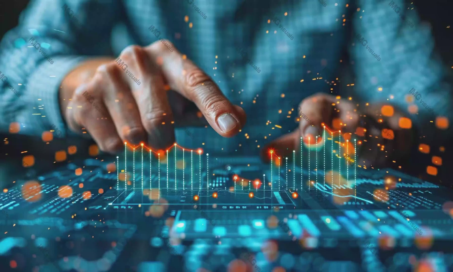 Hands interacting with digital touch screen charts video animation, ai generated. Analysis. Holographic financial graph animated footage HD clip seamless motion graphics. Data visualization concept