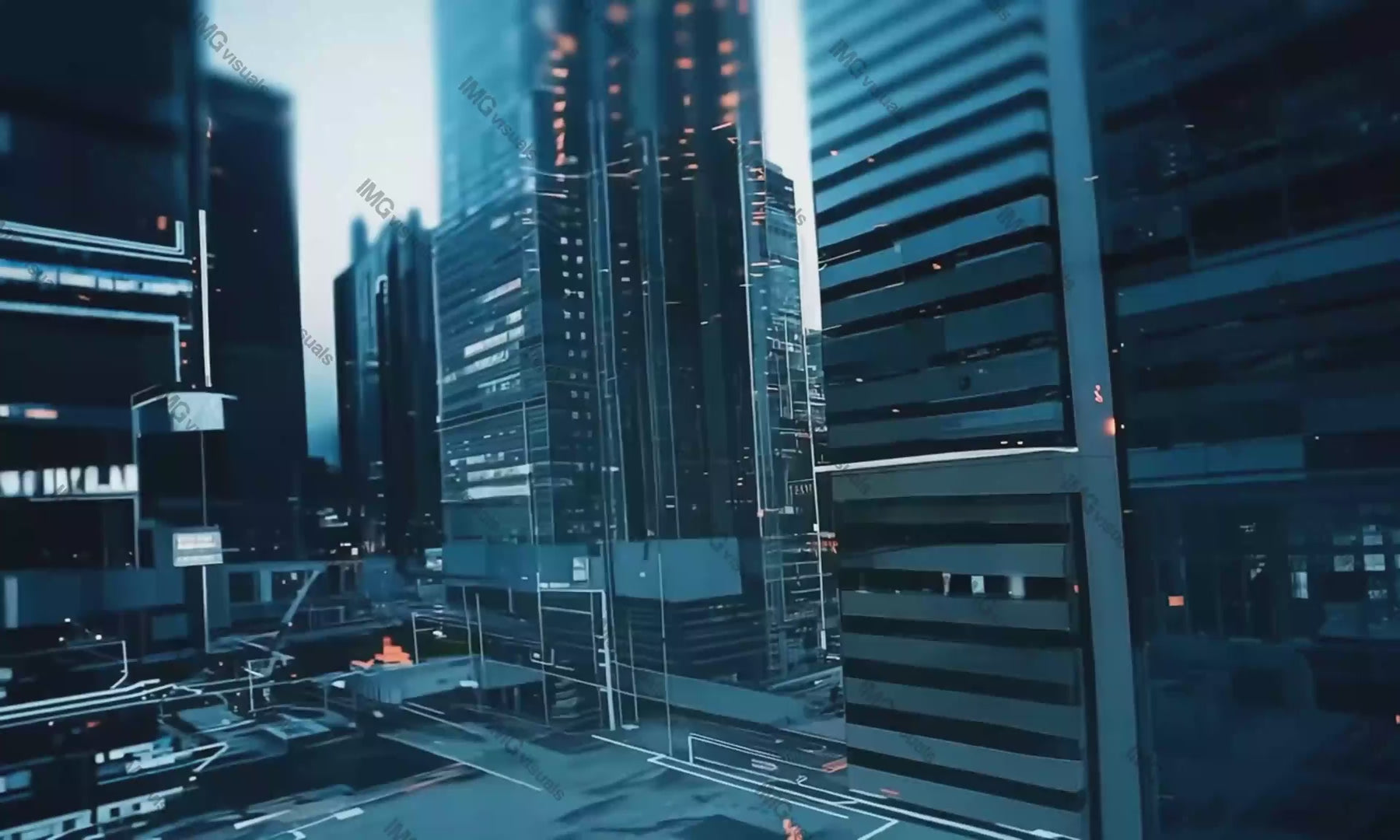 Digital grid superimposed on city video animation, ai generated. Urban information systems. Cityscape networking animated footage HD clip seamless motion graphics. Smart infrastructure concept