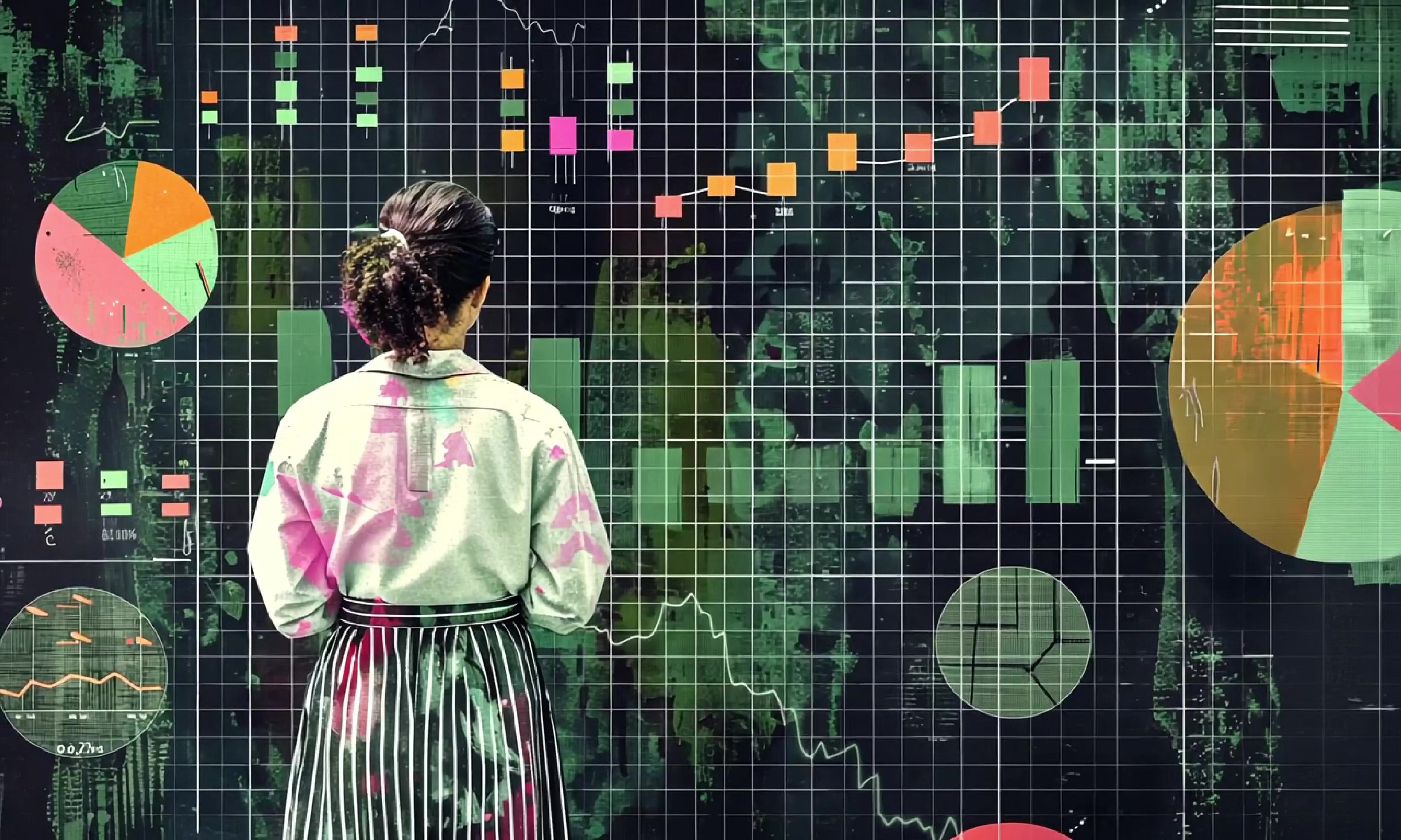 Afro curls woman stands in front of various charts and graphs video animation, ai generated. Engaged professional female animated footage HD clip seamless motion graphics. Data visualization concept