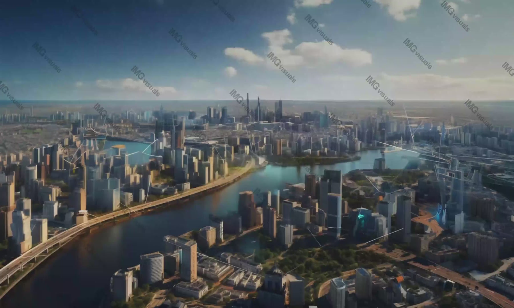 Aerial cityscape with connections network video animation, ai generated. Smart city communication animated footage HD clip seamless motion graphics. Data exchange city. Urban technology concept