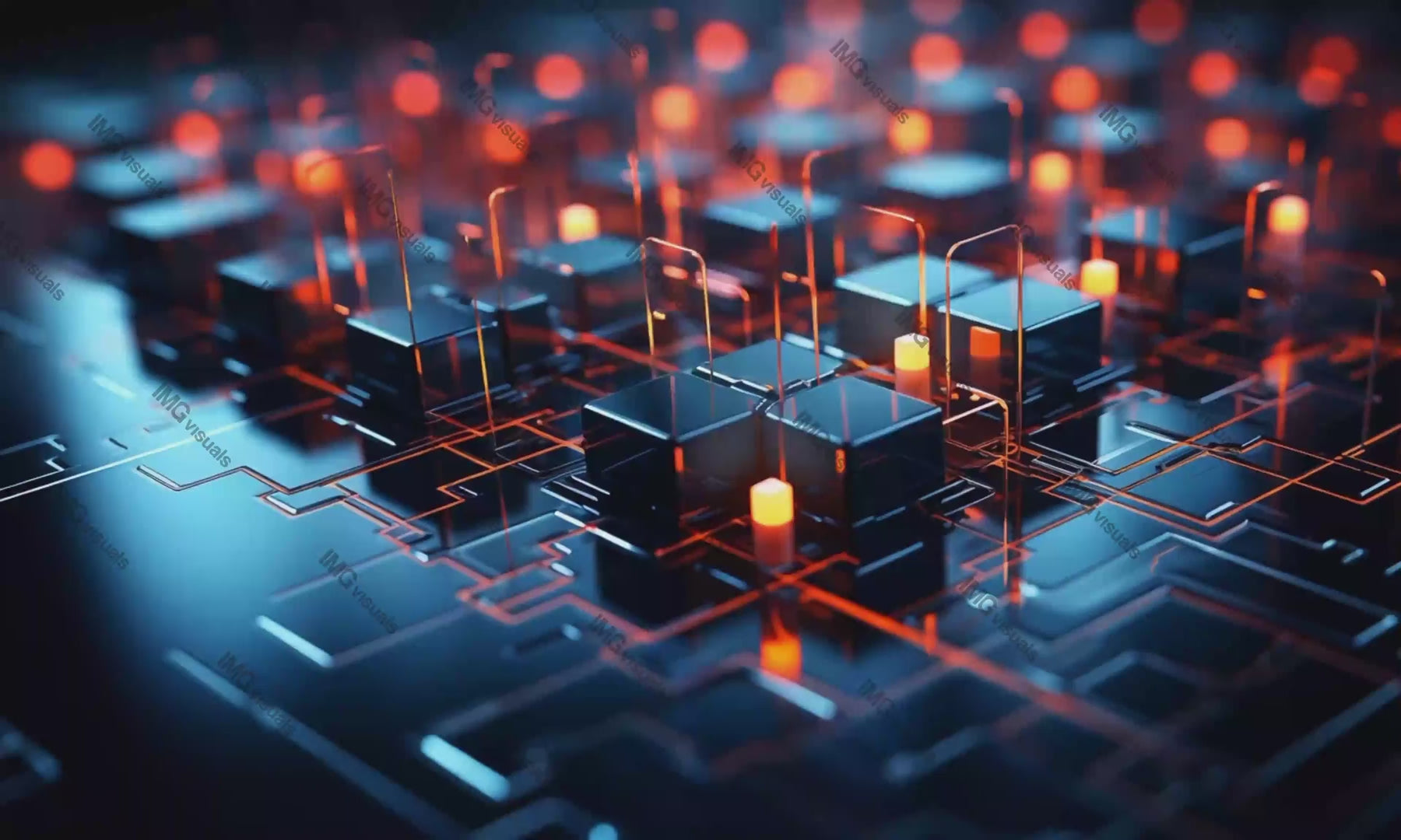 Orange lit circuitry emitting bright light video animation, ai generated. Tech circuit board. Electronic data flow animated footage HD clip seamless motion graphics. Processor pathways concept