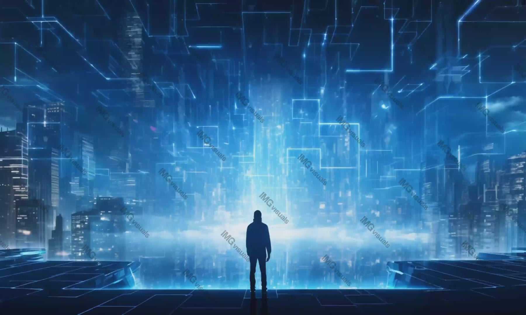 Lone figure standing towards city with networked lines video animation, ai generated. Urban network horizon glow animated footage HD clip seamless motion graphics. Digital realm VR concept