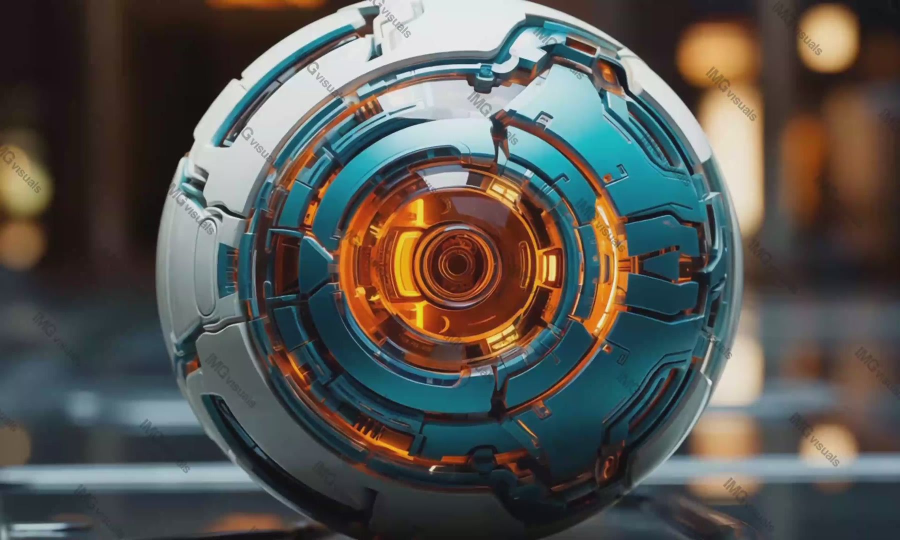 Intricate spherical device with glowing core video animation, ai generated. Robotic eyeball illuminated orange iris animated footage HD clip seamless motion graphics. Vision technology concept
