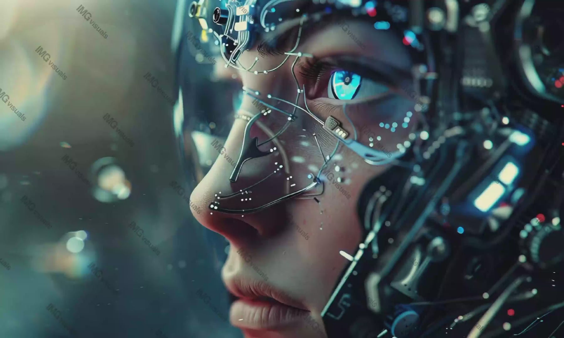 Humanoid robot face with intricate wiring video animation, ai generated. Blue eyes blinking. Futuristic sensors robotic animated footage HD clip seamless motion graphics. Cybernetic technology concept