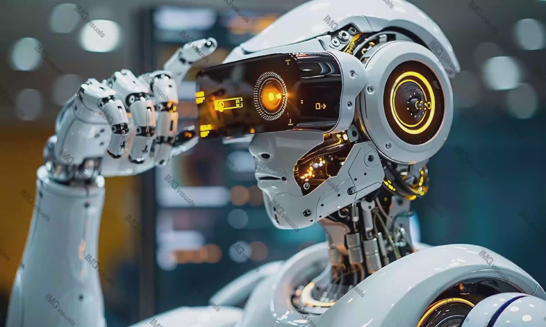 Futuristic humanoid robot with virtual reality headset video animation, ai generated. Robot glowing yellow lights animated footage HD clip seamless motion graphics. Advanced technological concept