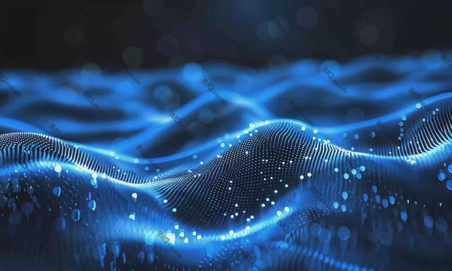 Abstract digital flowing waves of blue light video animation, ai generated. Bokeh glowing dots against dark background animated footage HD clip seamless motion graphics. Data visualization concept