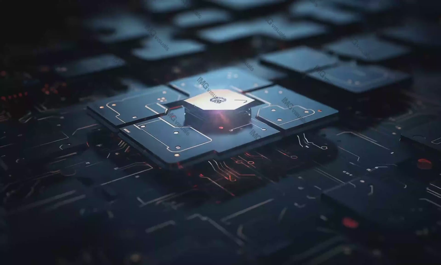 Futuristic integrated circuit with glowing pathways video animation, ai generated. Fast data transfer animated footage HD clip seamless motion graphics. Technological motherboard connectivity concept