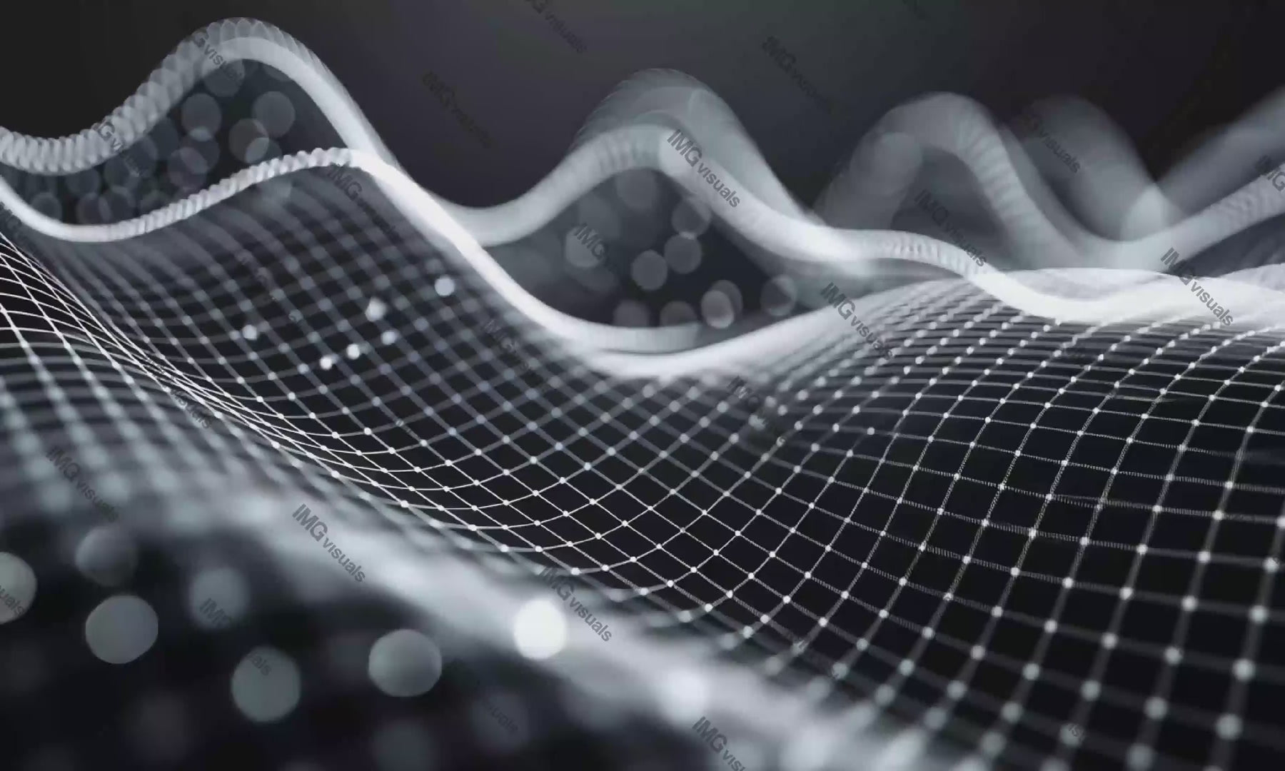 Detailed grayscale digital wave structure video animation, ai generated. Grid lines, scattered white dots animated footage HD clip seamless motion graphics. Flowing network. Data visualization concept