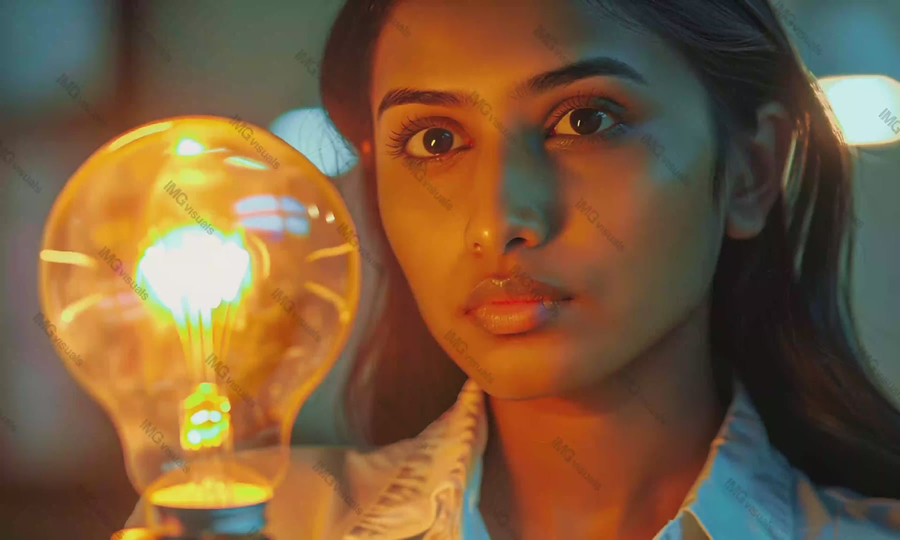 South asian woman with bright light bulb video animation, ai generated. Thoughtful expression female animated footage HD clip seamless motion graphics. Startup. Corporate business idea concept