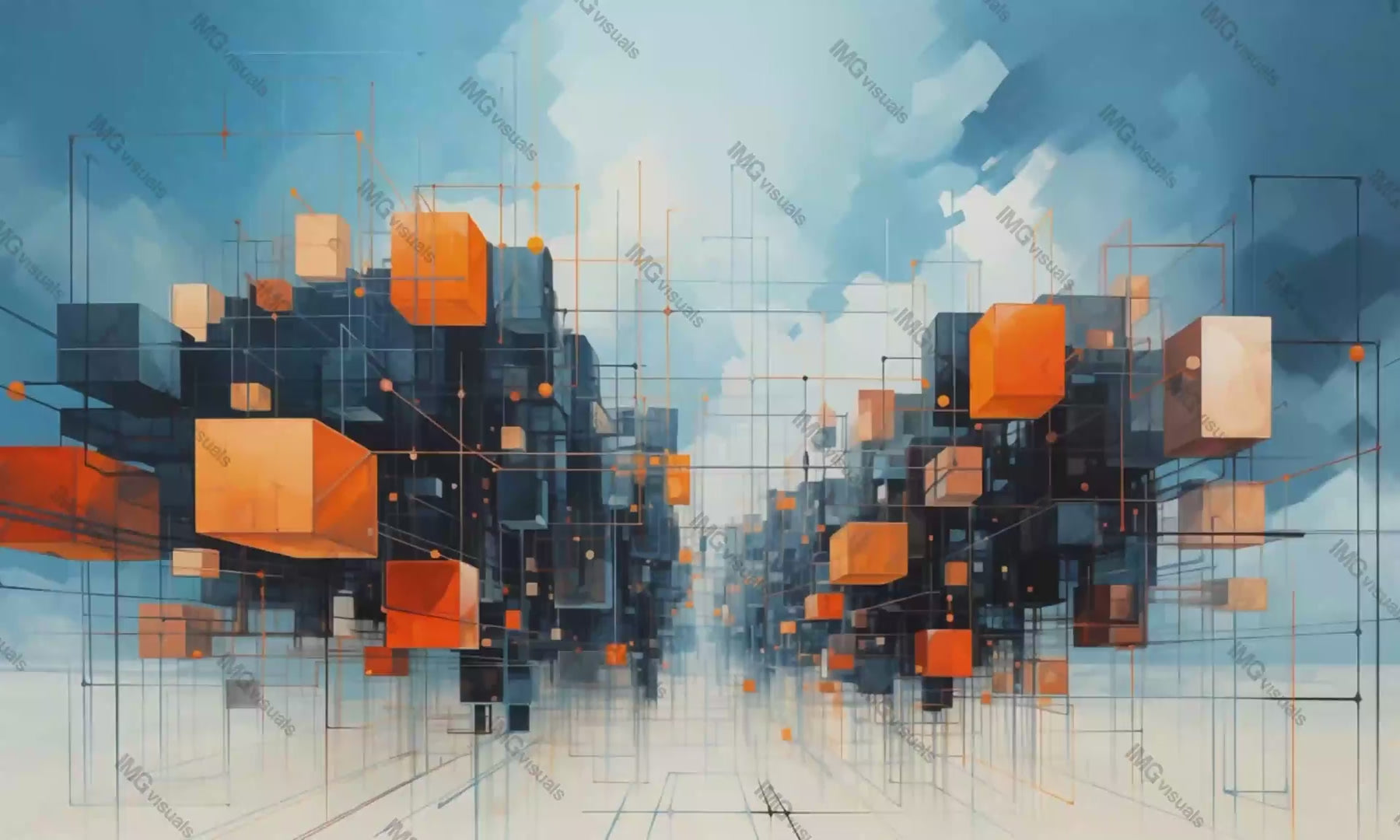Abstract geometric blocks against watercolor blue clouds video animation, ai generated. Orange black cubes structure animated footage HD clip seamless motion graphics. Artistic digital art concept