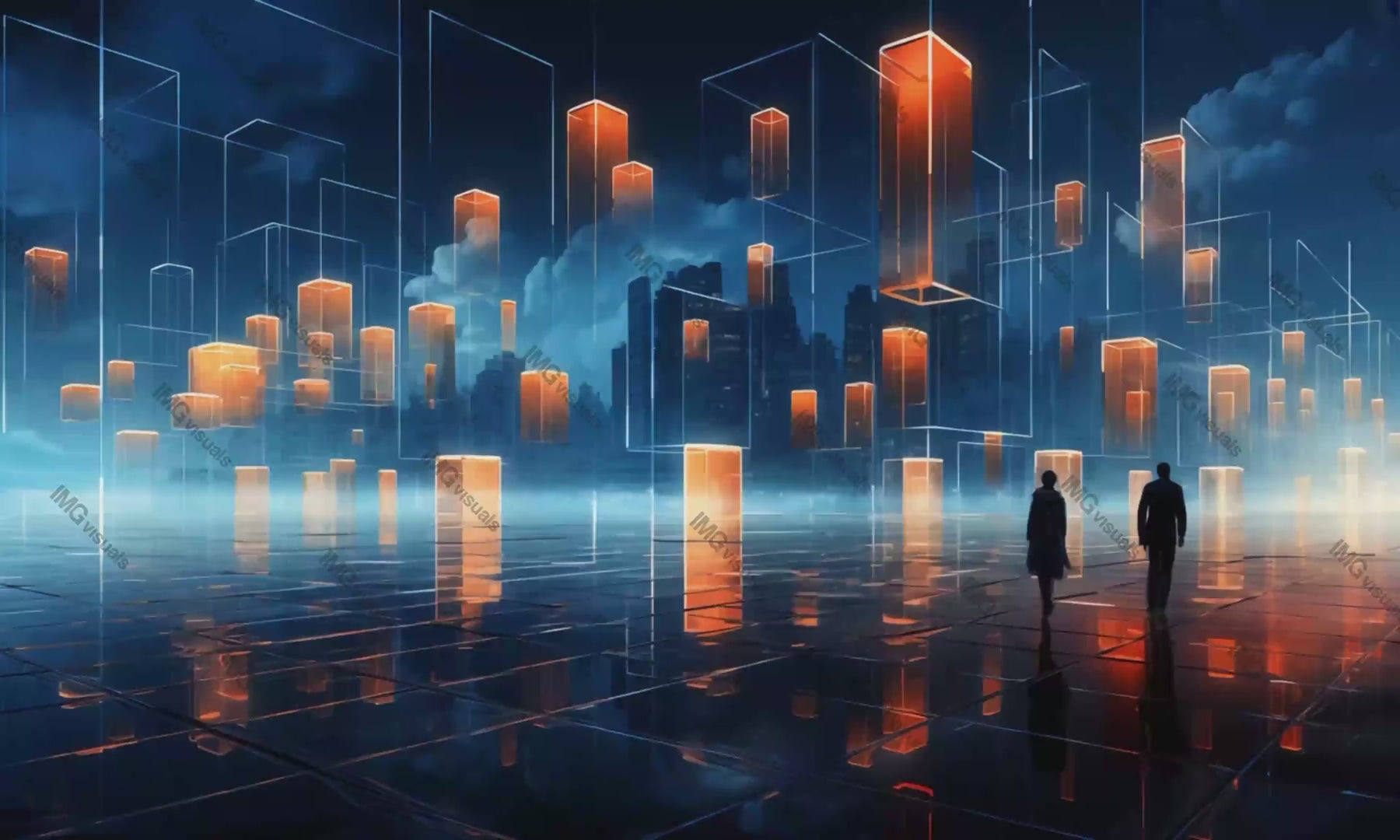 Two silhouettes venture through surreal cityscape video animation, ai generated. Futuristic glowing geometric shapes animated footage HD clip seamless motion graphics. Digital urban concept