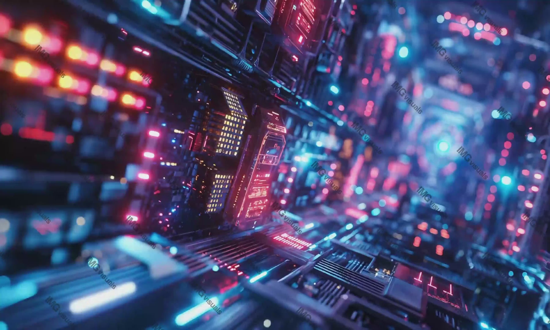 Vibrant neon lights illuminating complex circuitry video animation, ai generated. Futuristic cityscape animated footage HD clip seamless motion graphics. Data centers. High-tech city concept