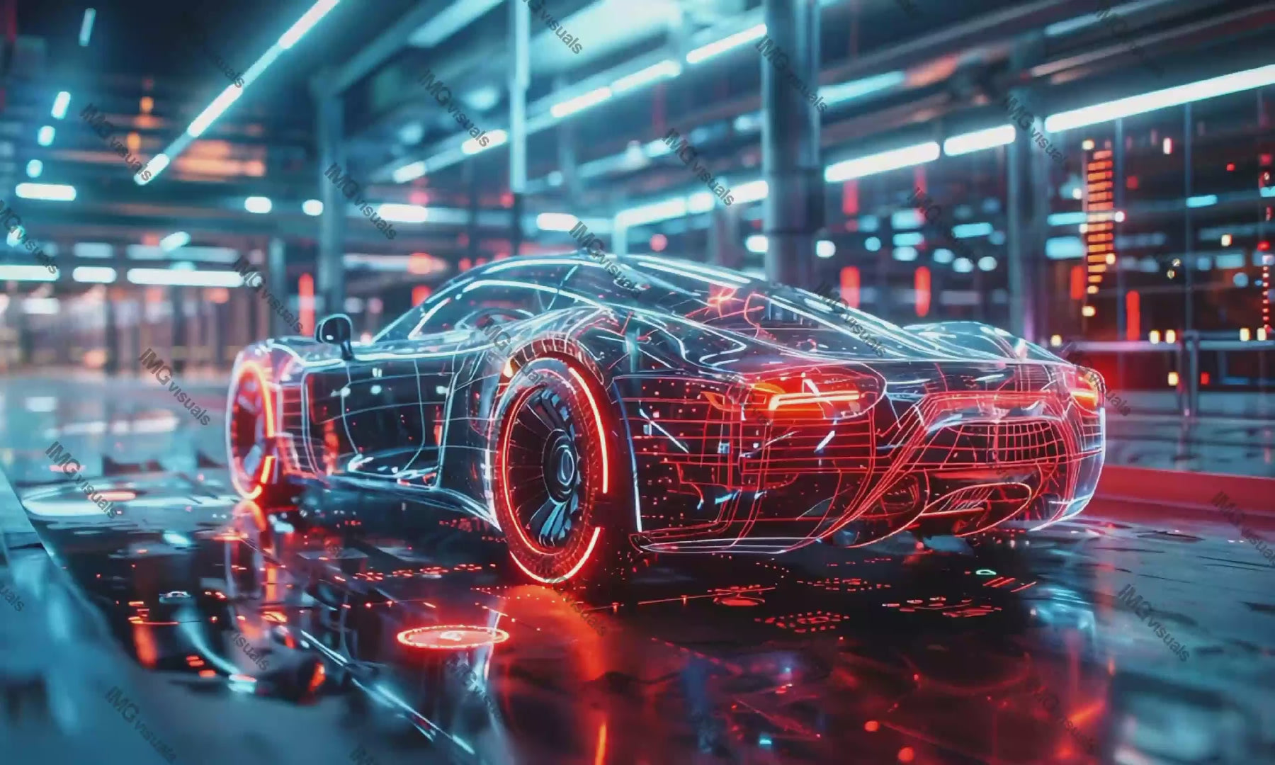 Sleek futuristic car rendered with red blue digital wireframes video animation, ai generated. Cutting-edge automotive design animated footage HD clip seamless motion graphics. Visualization concept