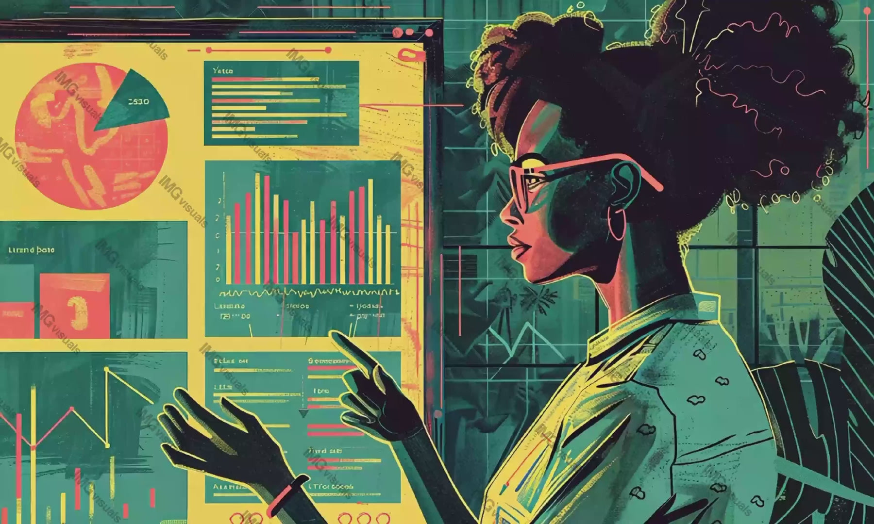 Black woman in glasses analyzing charts and graphs video animation, ai generated. Data analysis and technology animated footage HD clip seamless motion graphics. Data visualization concept