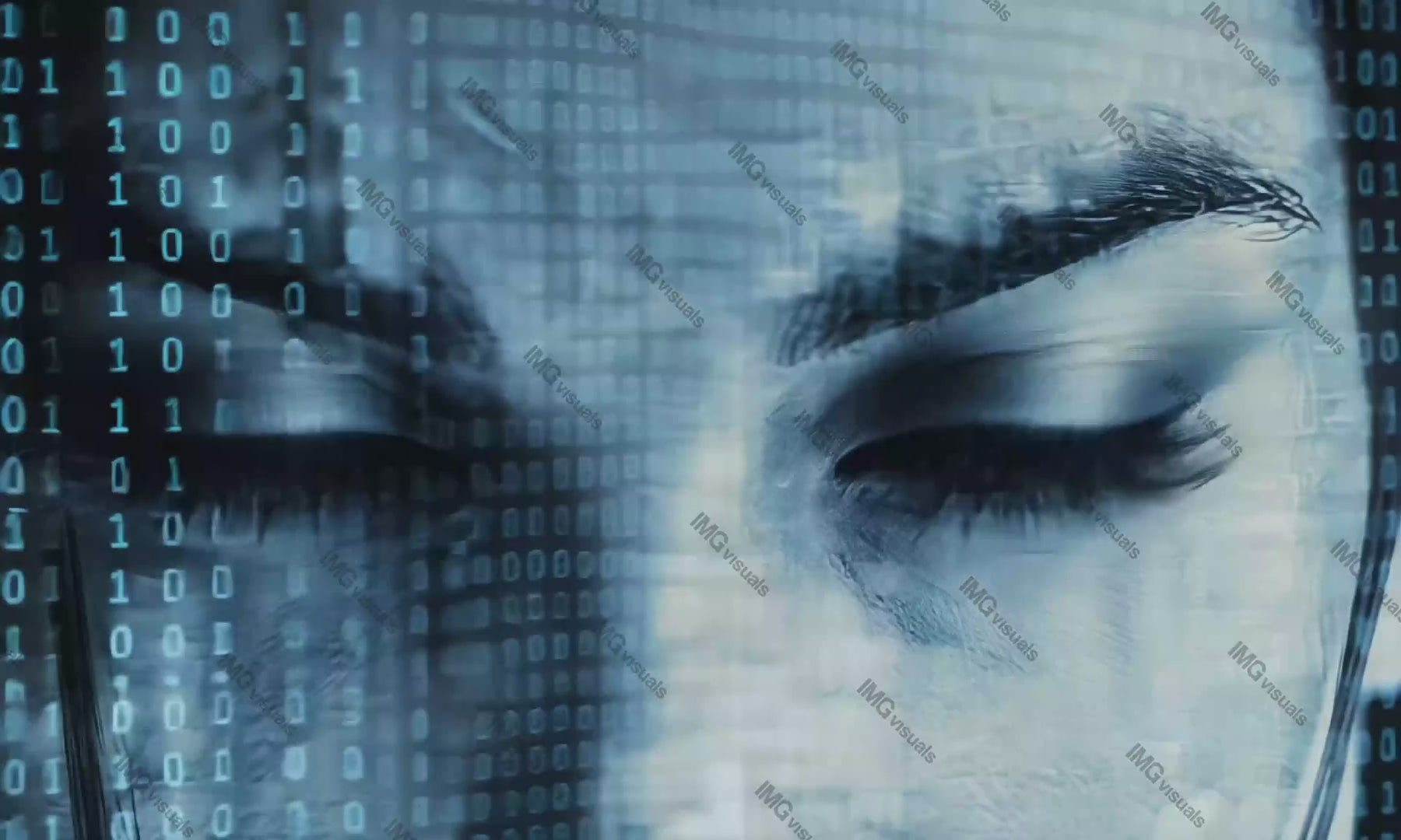 Woman face overlaid with binary code video animation, ai generated. Double exposure digits numbers. Female eyes close up animated footage HD clip seamless motion graphics. Data visualization concept