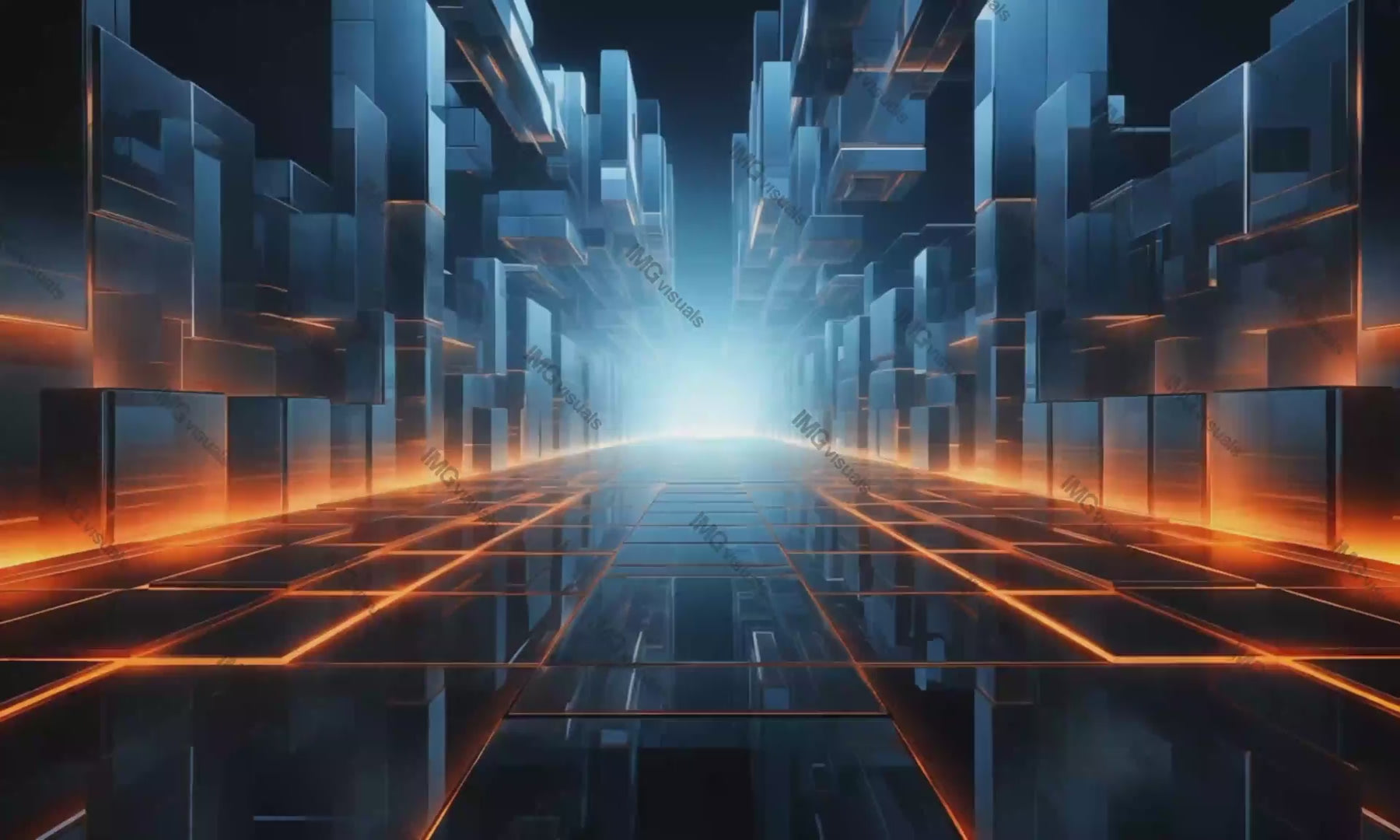 Digital corridor video animation, ai generated. Futuristic blue structures with vibrant orange lines animated footage HD clip seamless motion graphics. Journey through digital data stream tech concept