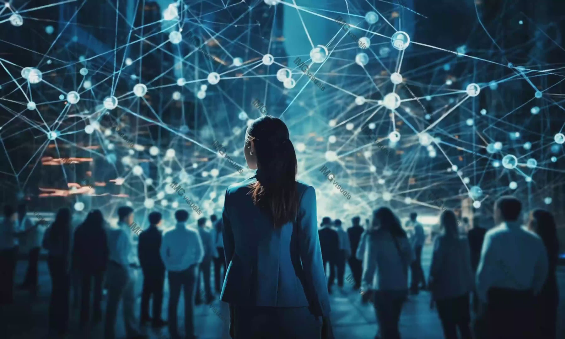 Office lady in front of complex digital network video animation, ai generated. Futuristic corporate woman animated footage HD clip seamless motion graphics. Global business empowerment concept