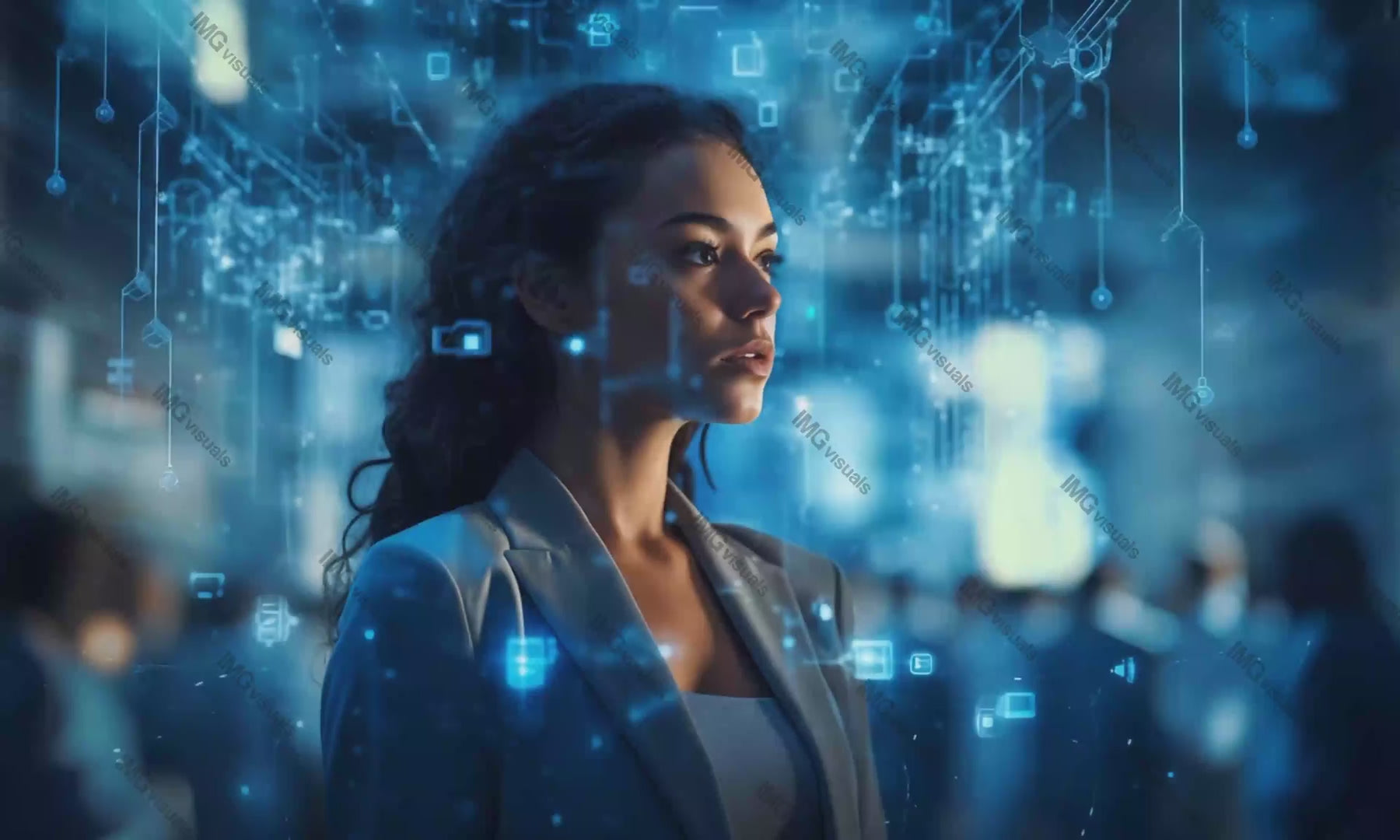 Professional woman against futuristic network video animation, ai generated. Connectivity female employee iot animated footage HD clip seamless motion graphics. Corporate digital concept