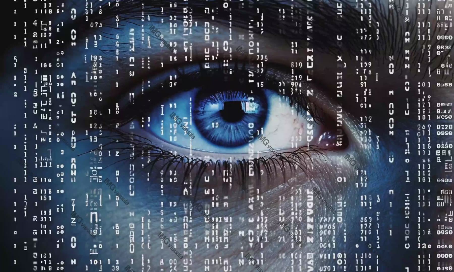 Human eye with digital overlay of code and numbers video animation, ai generated. Blinking blue eye close up animated footage HD clip seamless motion graphics. Technology. Data visualization concept