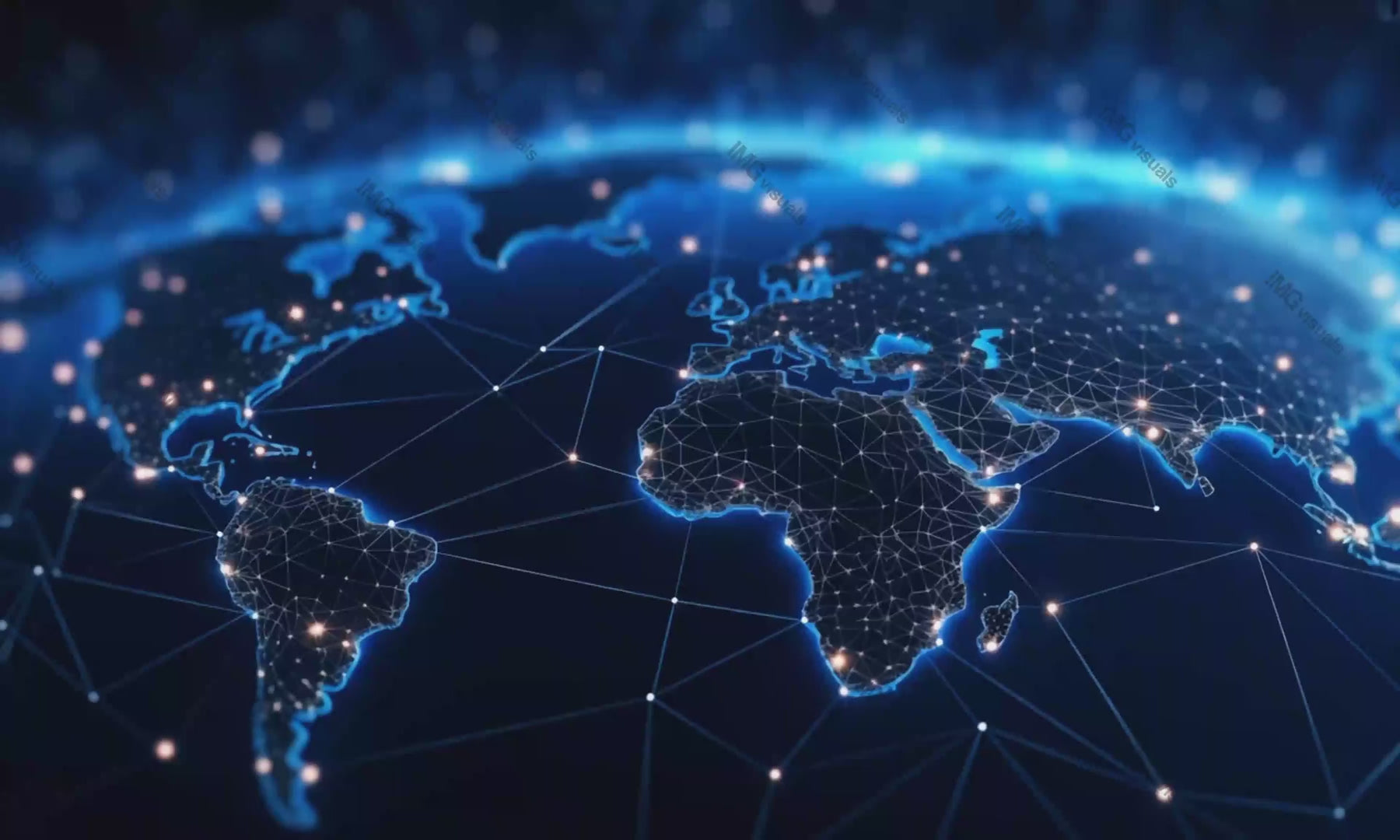 Network of global interactions video animation, ai generated. Virtual world map with bright connection points animated footage HD clip seamless motion graphics. Worldwide connectivity concept