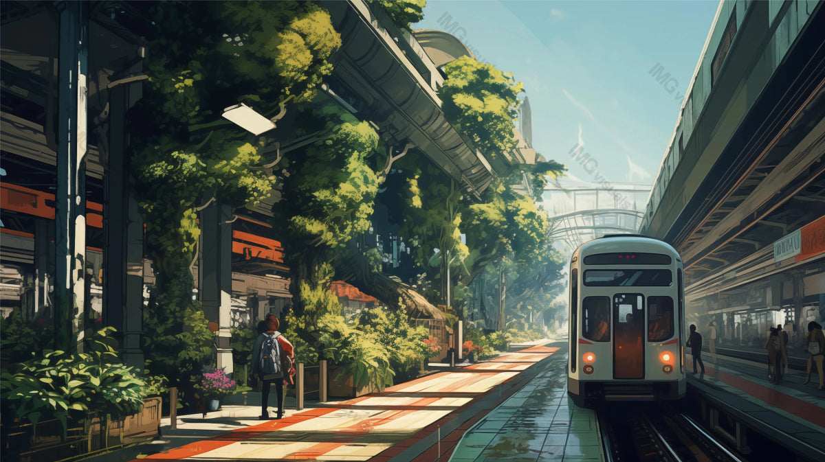 Sunny train station with lush hanging plants ai generated 2D cartoon illustration. Arriving train lofi wallpaper background lo-fi art. Botanical design. Urban greenery flat image cozy chill vibe