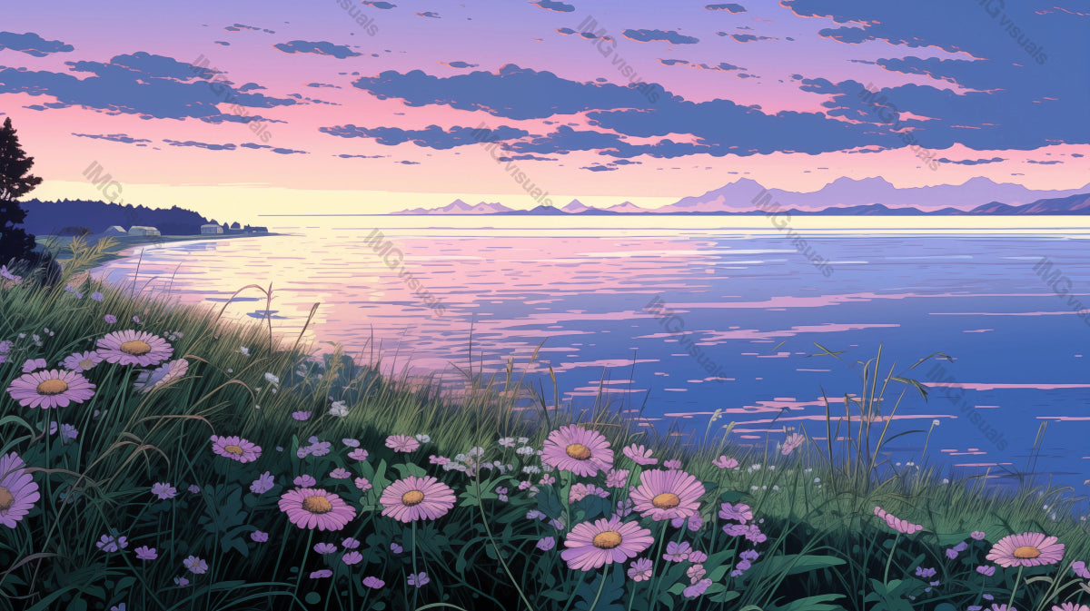 Twilight over serene lake with wild daisies ai generated 2D cartoon illustration. Lakeside blossoms lofi wallpaper background lo-fi art. Tranquil dusk light above mountain range flat image chill vibe