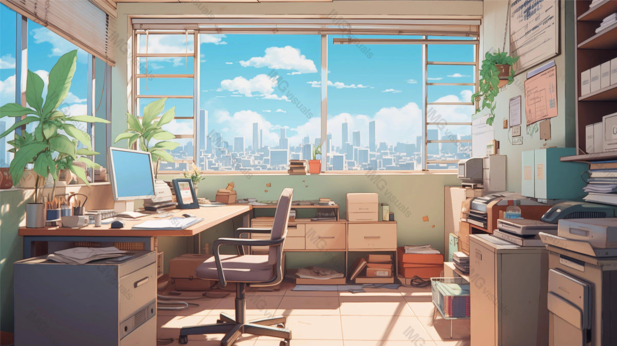 Warm sunlight bathes neat office space ai generated 2D cartoon illustration. Panoramic window of sprawling cityscape lofi wallpaper background lo-fi art. Tidy workspace flat image cozy chill vibe