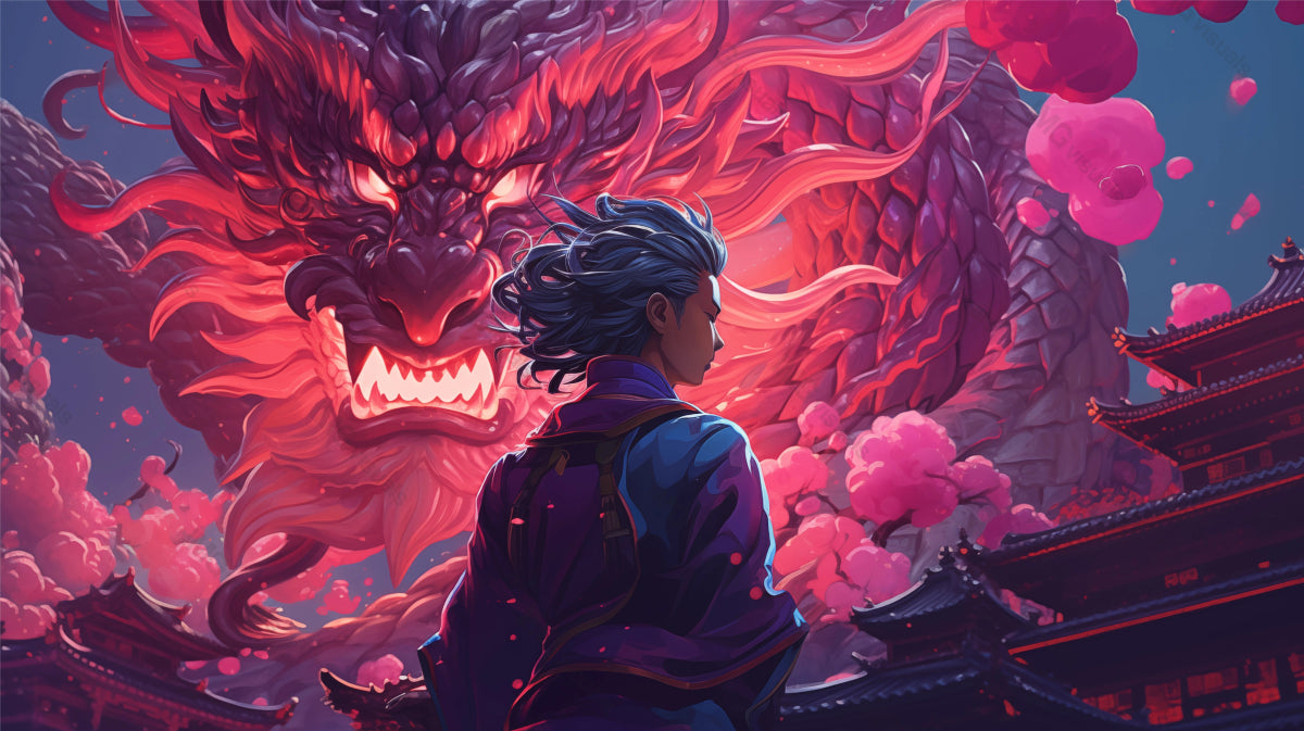 Warrior faces immense red dragon ai generated 2D cartoon illustration. Cherry blossoms, traditional temples lofi wallpaper background lo-fi art. Mythical creature, samurai flat image cozy chill vibe