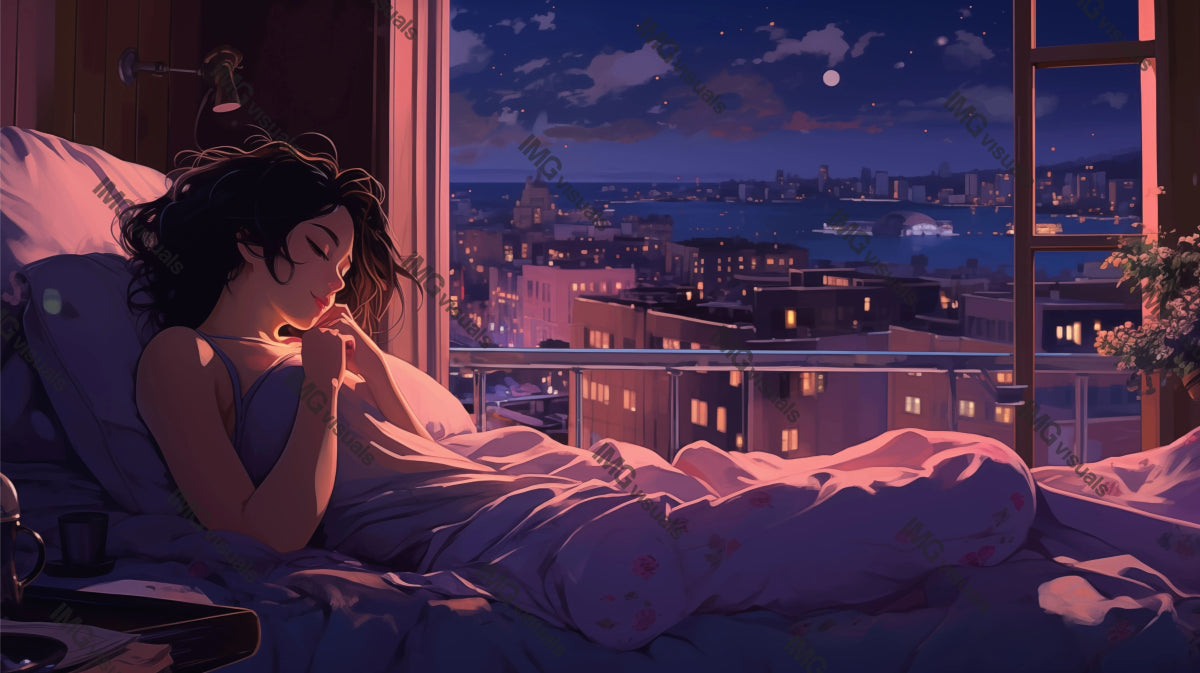 Woman rests in bed with city harbor night view ai generated 2D cartoon illustration. Moonlight bedroom lofi wallpaper background lo-fi art. Serene nighttime, harborside flat image cozy chill vibe