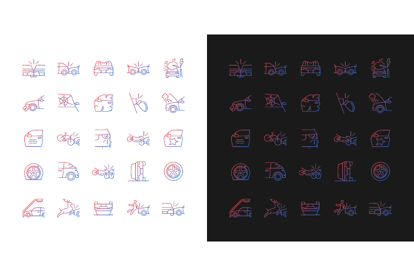 Car accident types gradient icons set for dark and light mode