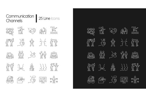 Communication channel linear icons set for dark and light mode. Body language. Language barriers. Eye contact.