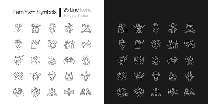 Feminism symbols linear icons set for dark and light mode. Supporting equal rights for women. Girl power. Customizable thin line symbols.