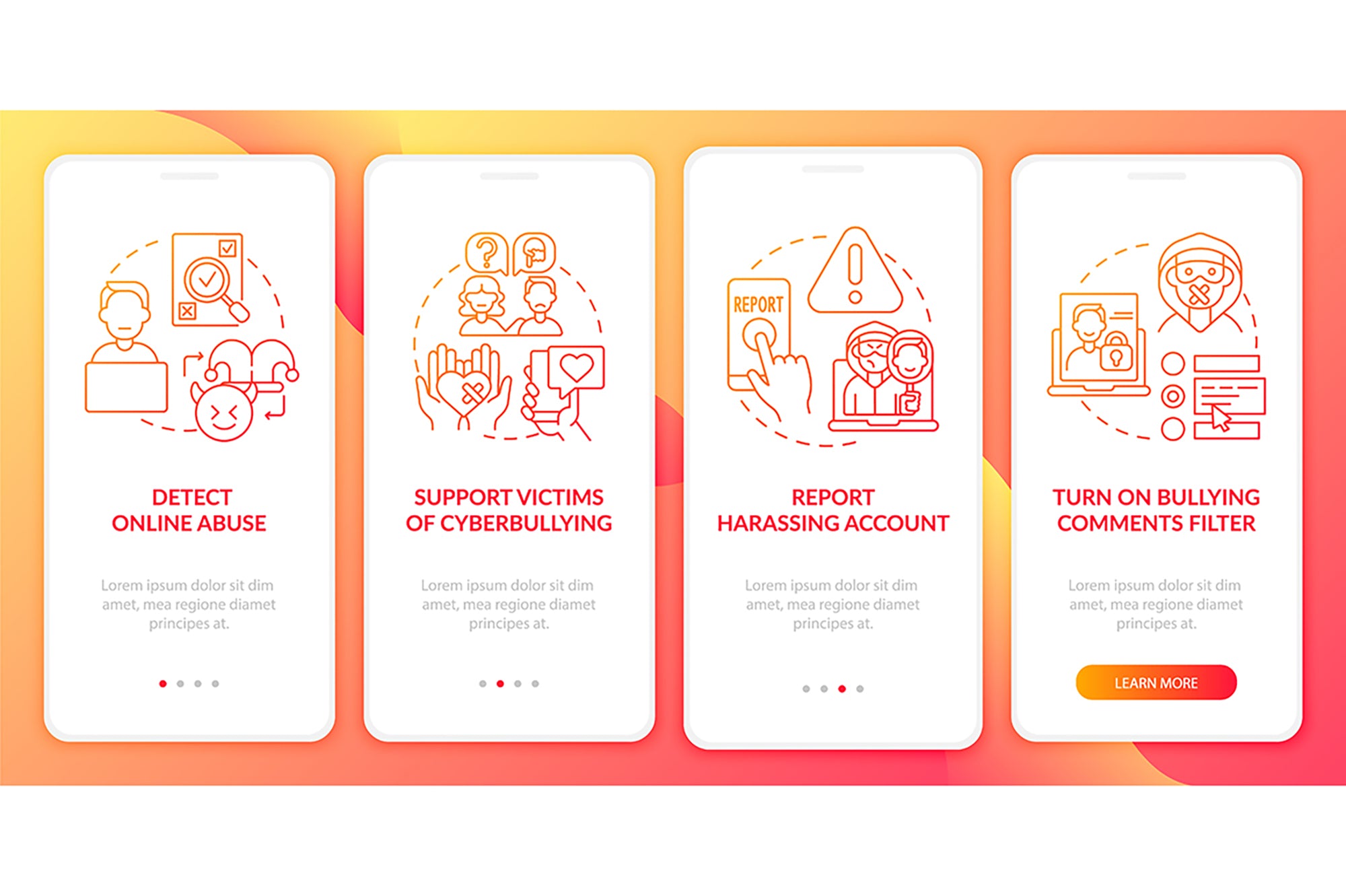 Cyberbullying sources onboarding mobile app page bundle