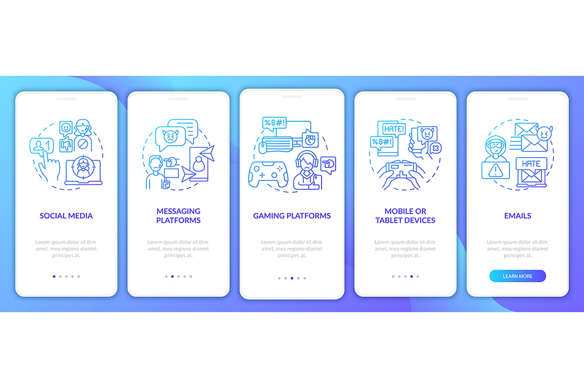 Cyberbullying sources onboarding mobile app page bundle