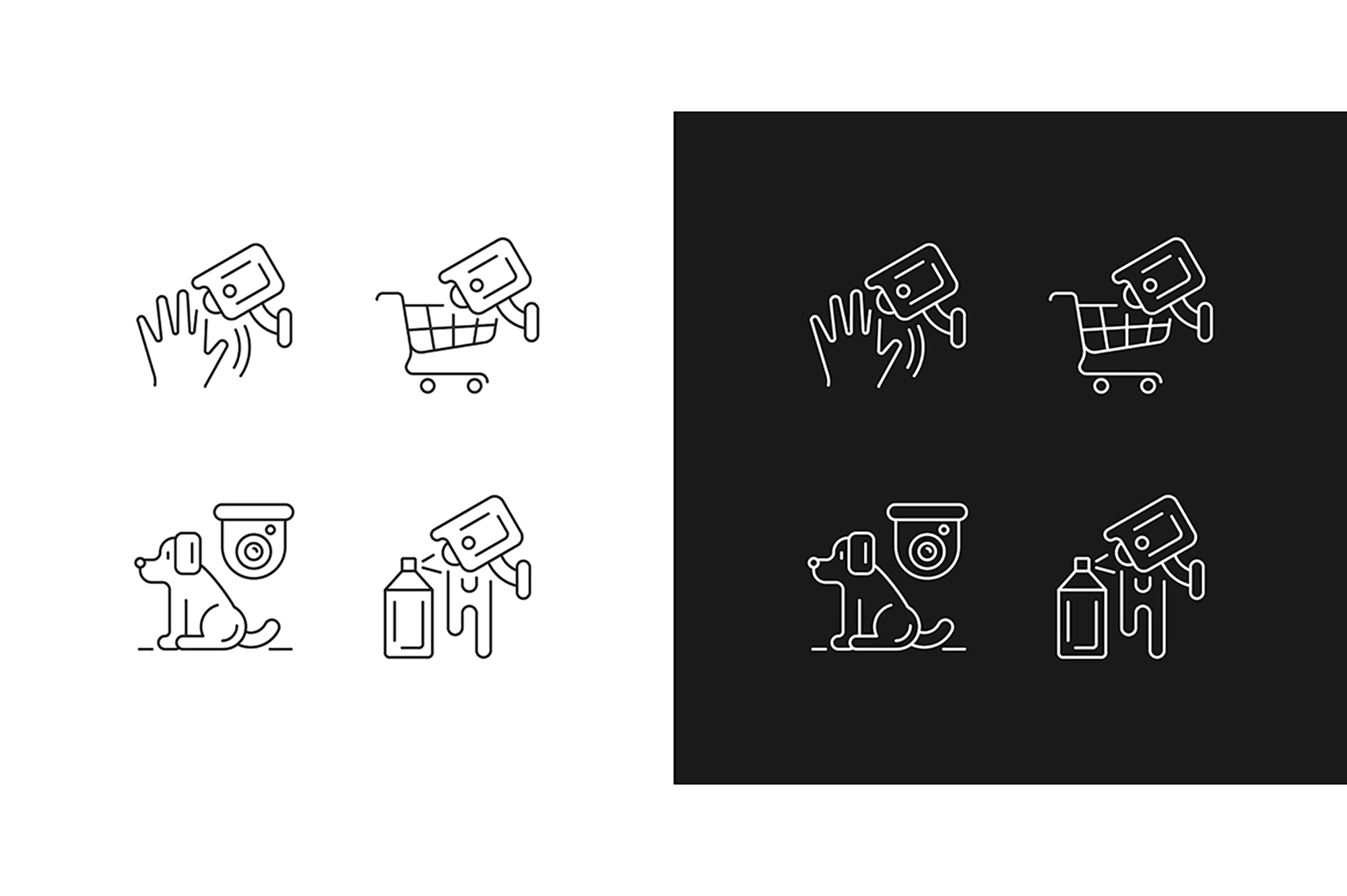 Surveillance and security systems linear icons set for dark and light mode