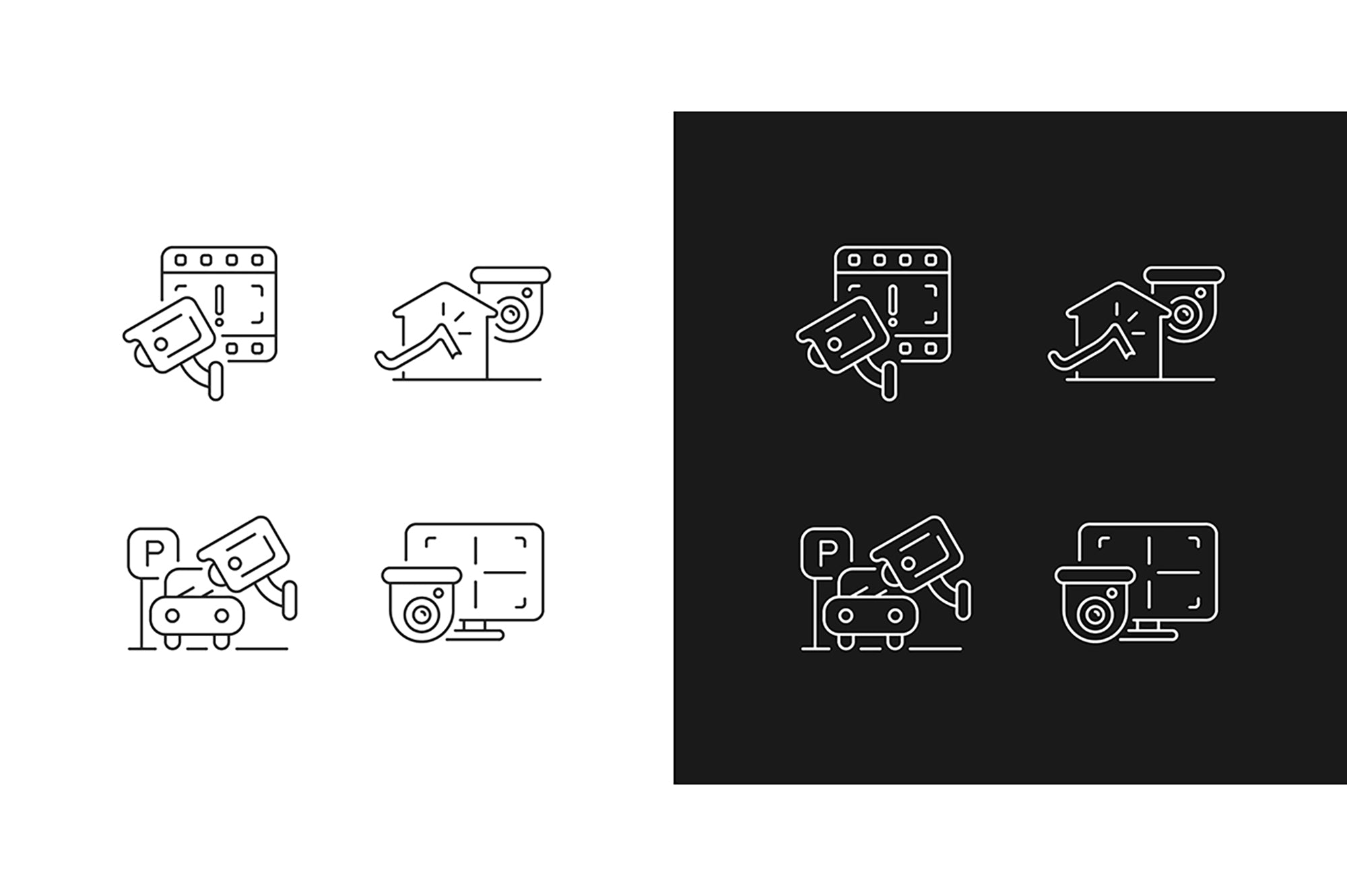 Surveillance and security systems linear icons set for dark and light mode