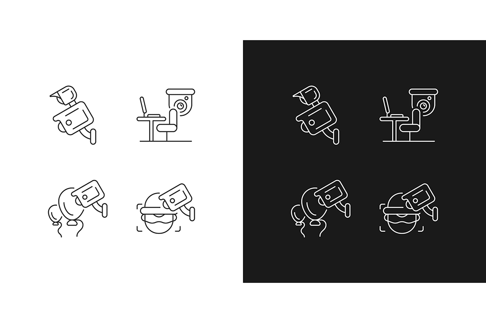 Surveillance and security systems linear icons set for dark and light mode