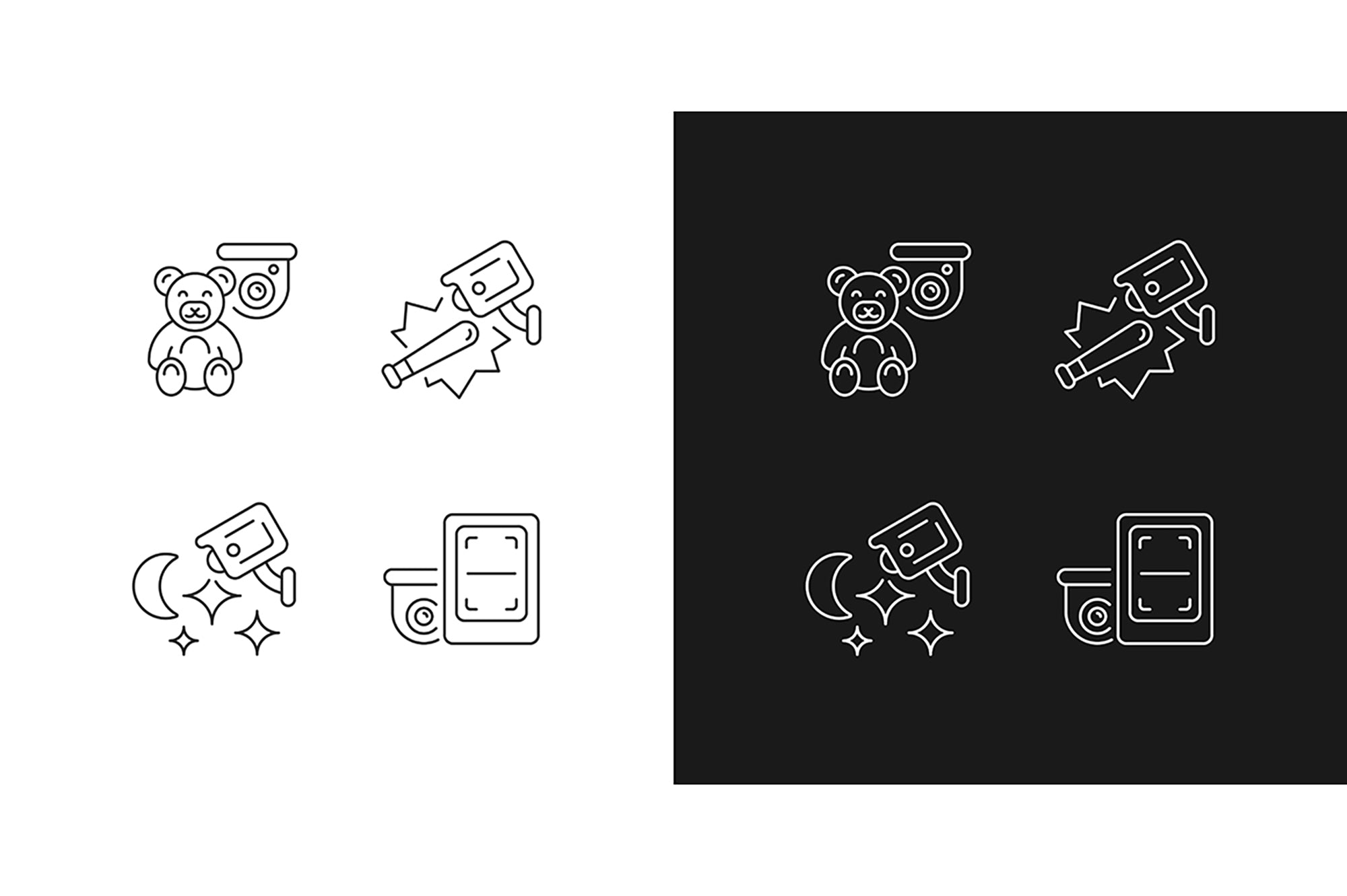 Surveillance and security systems linear icons set for dark and light mode