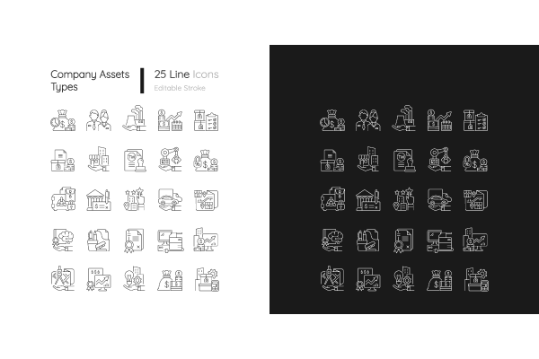 Business assets linear icons set for dark and light mode. Company owned items. Resources for productivity. Customizable thin line symbols.