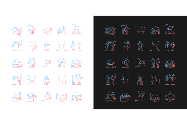 Communication channel gradient icons set for dark and light mode. Body language. Eye contact. Thin line contour symbols bundle.