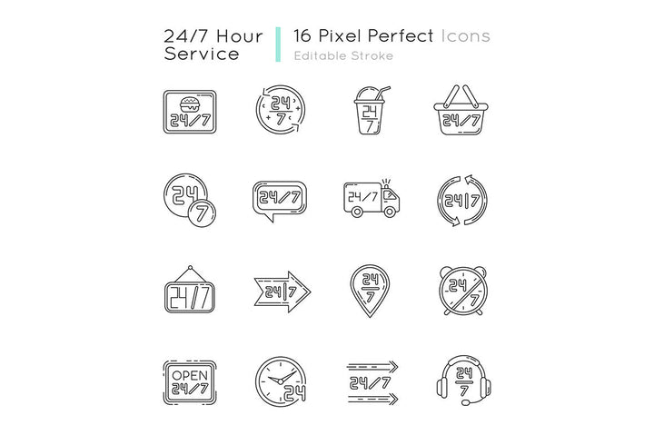 24 7 hour service pixel perfect linear icons set