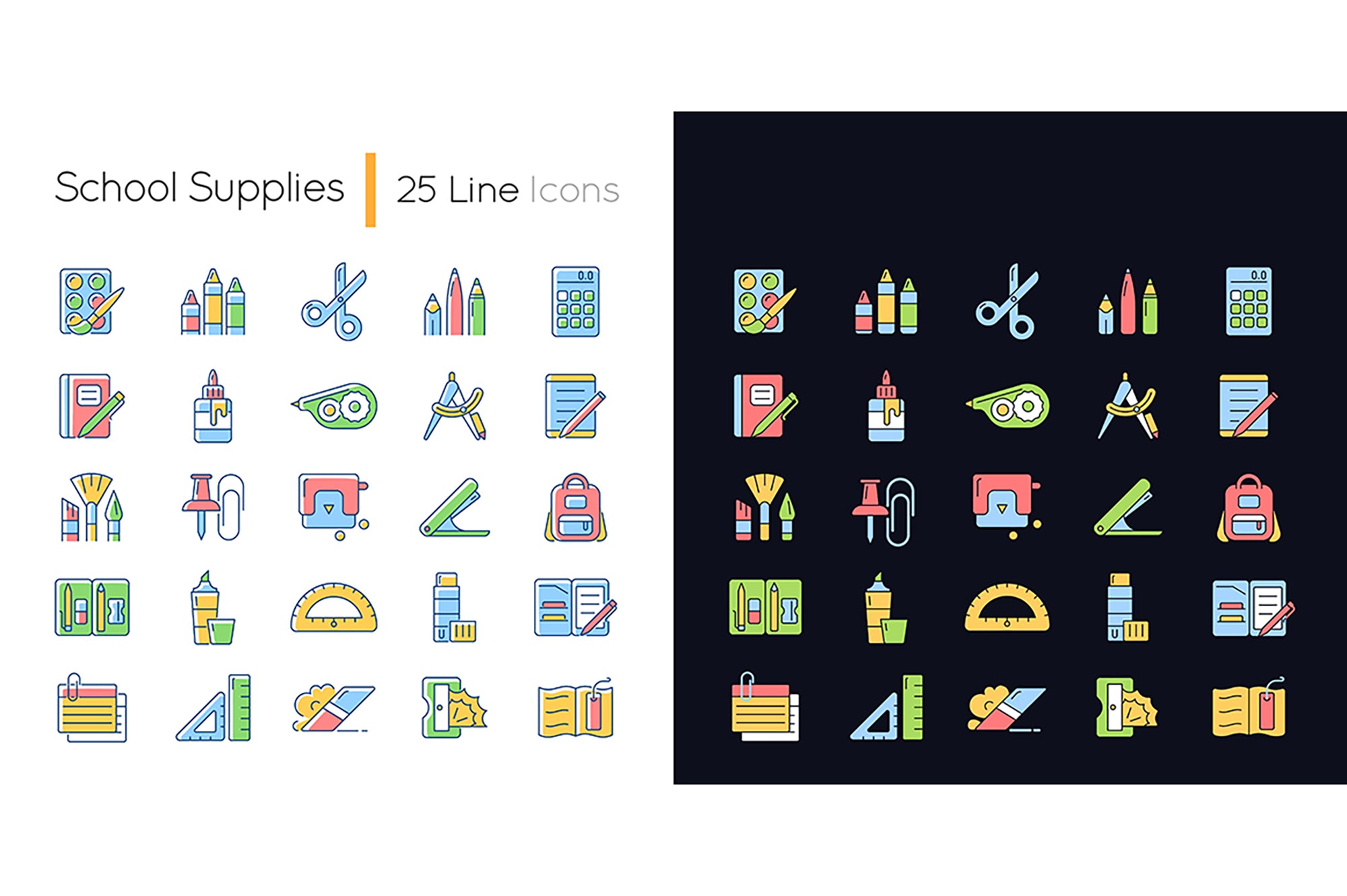 School supplies light and dark theme RGB color icons set. Must-have items for back to school. Art classroom. Isolated vector illustrations on white and black space.