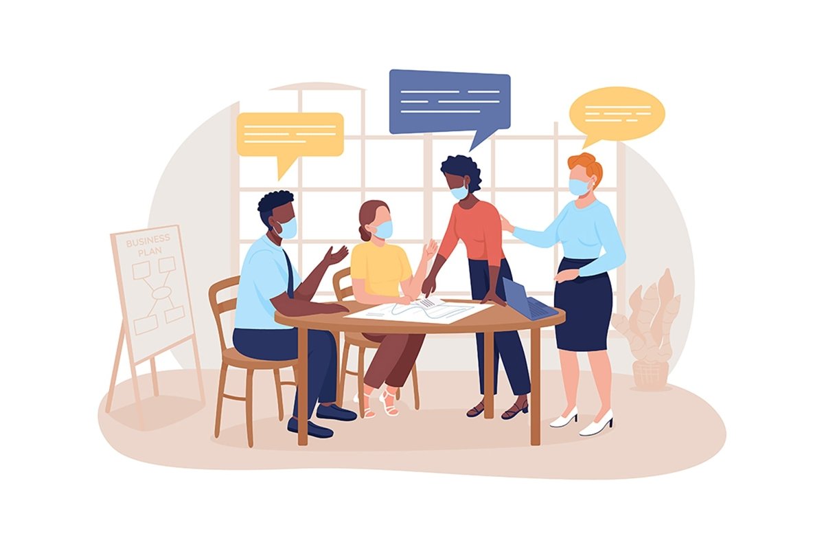 After covid precaution for office and travel 2D vector isolated illustration set